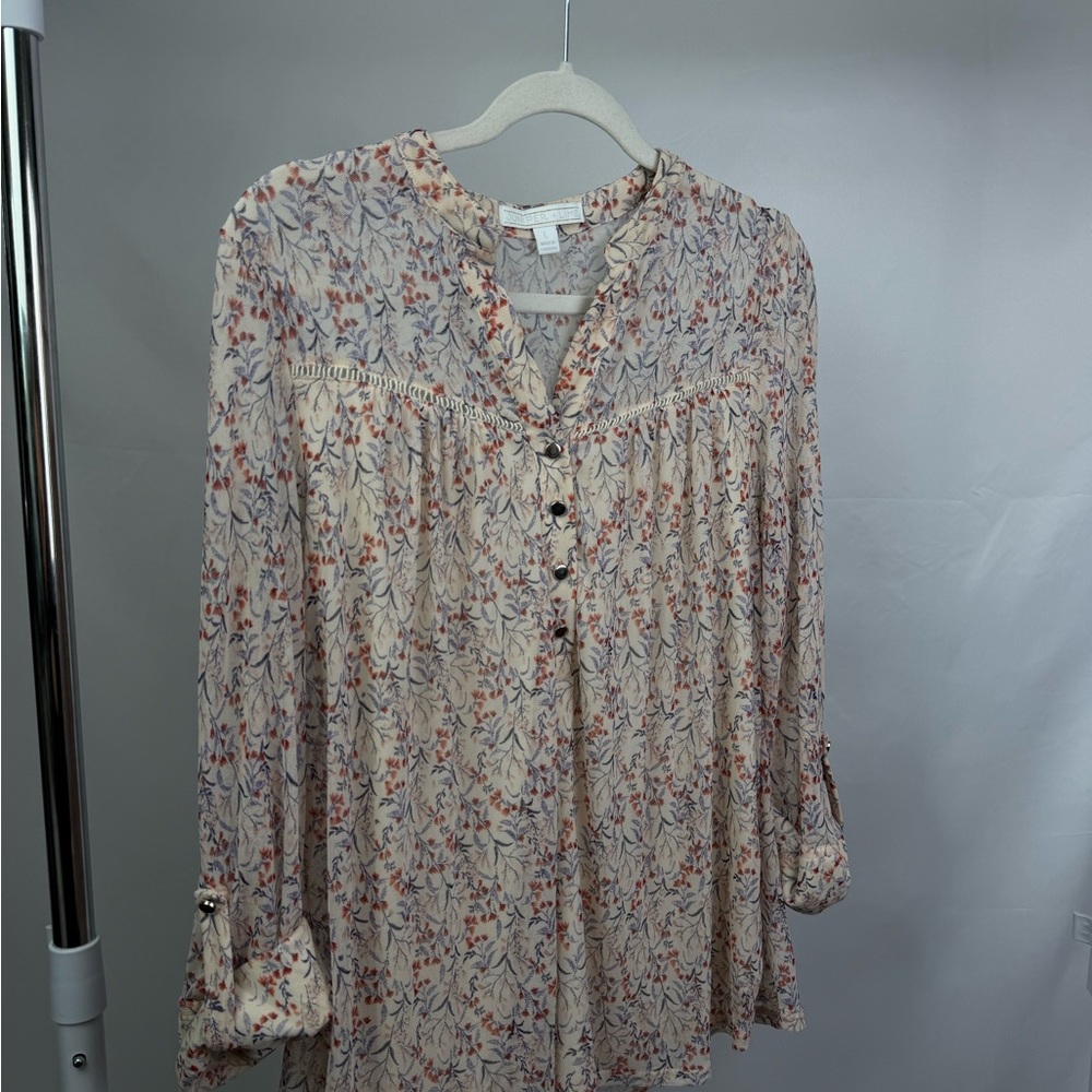 Juniper +‎ Lime Floral Boho Blouse Size L Cream Long Sleeve Button Top